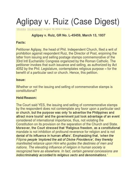 aglipay vs ruiz|Aglipay vs. Ruiz Case Digest .